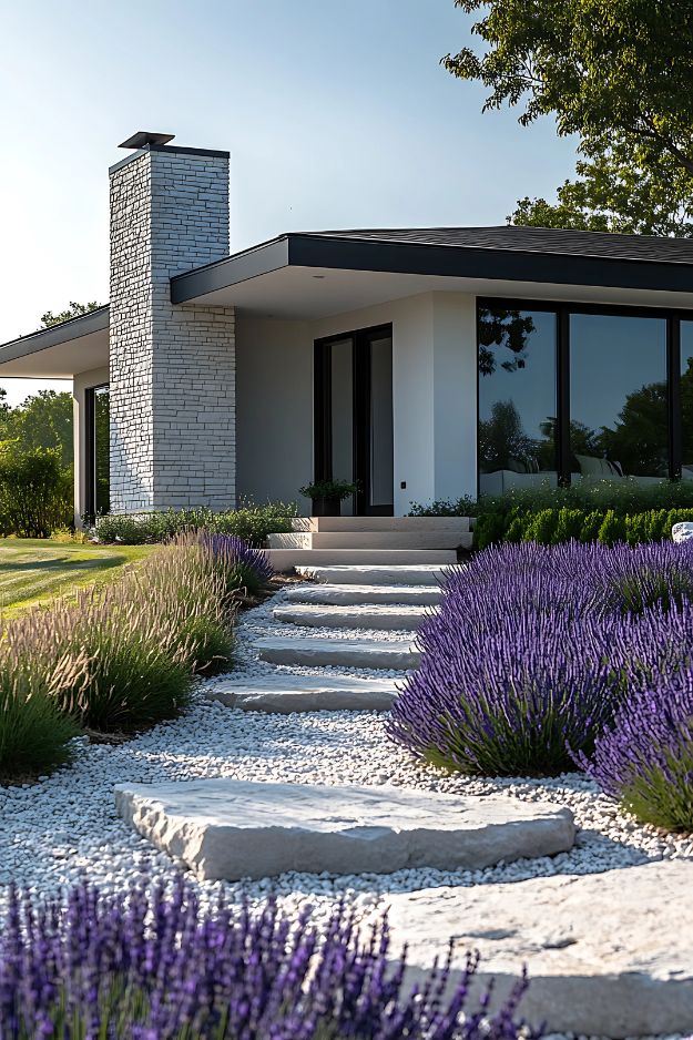 Lavender garden with white rock path and modern stone steps.
