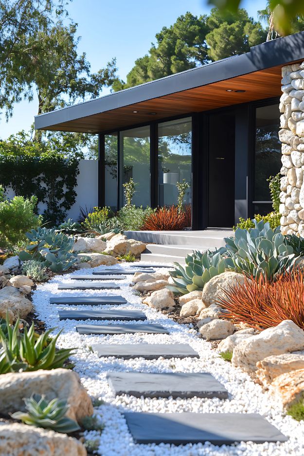 White rock landscaping garden path with slate stones and succulents in front yard.