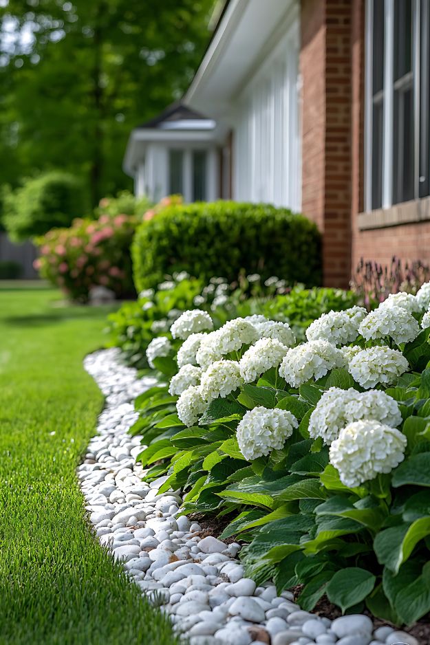White hydrangeas with white rock landscaping edging in a front yard garden.
