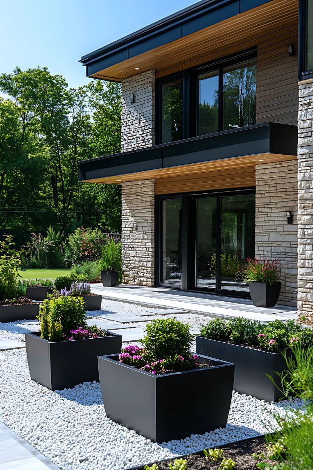 Black modern planters on a white gravel patio.