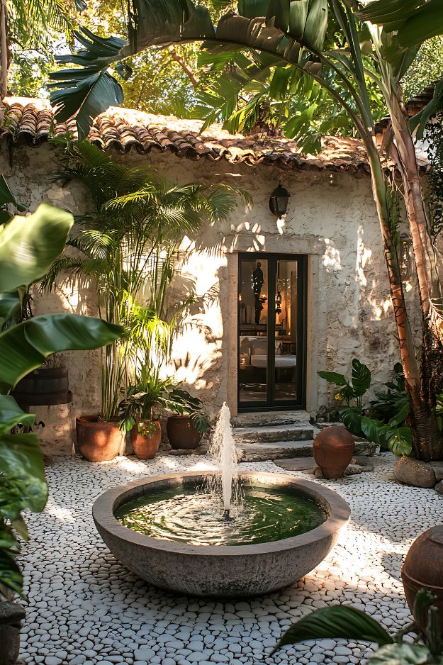 Tropical courtyard with white pebbles and central water fountain.