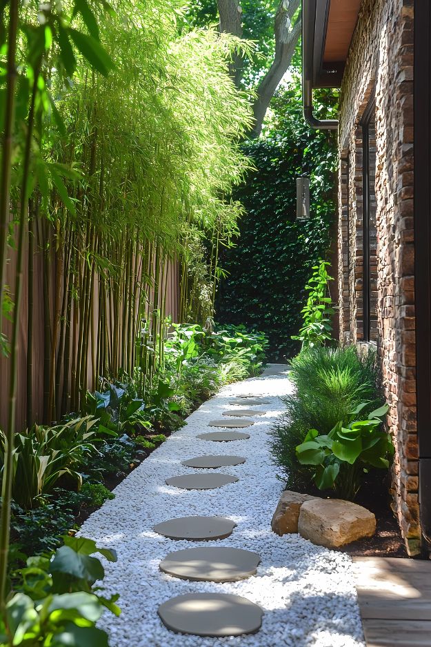 White gravel walkway with round pavers and bamboo along a side yard.