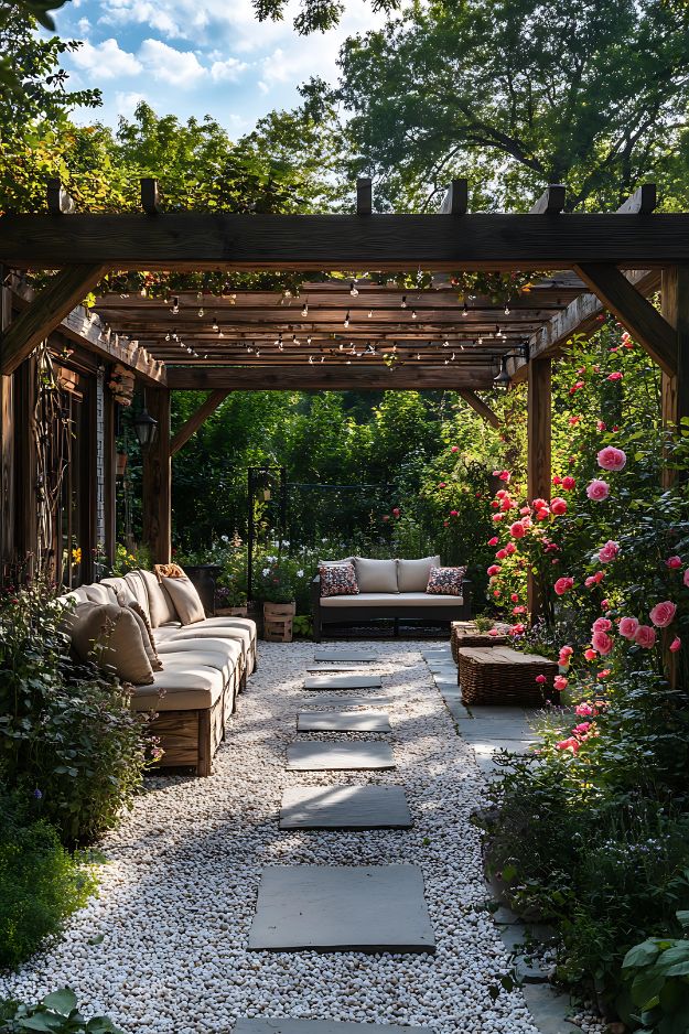 White rock landscaping garden path under pergola with lounge seating and rose bushes.