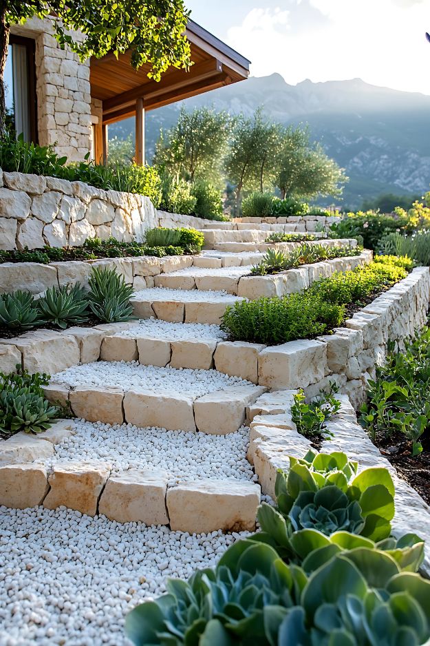 Terraced garden with white gravel steps and stone retaining walls.