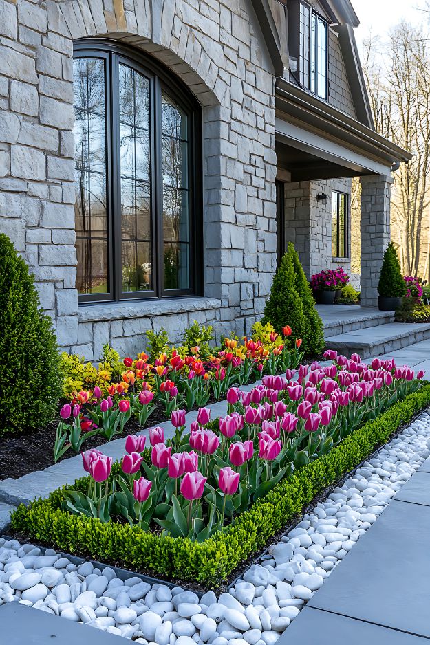 Colorful tulip flower bed framed with boxwood and white rocks.