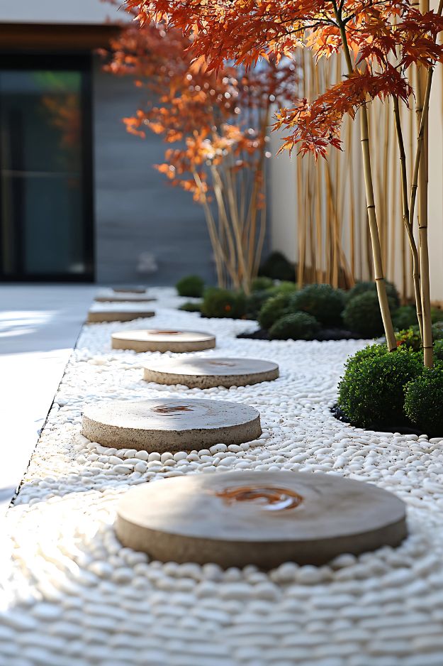 Zen-style garden path with round pavers and white pebbles.
