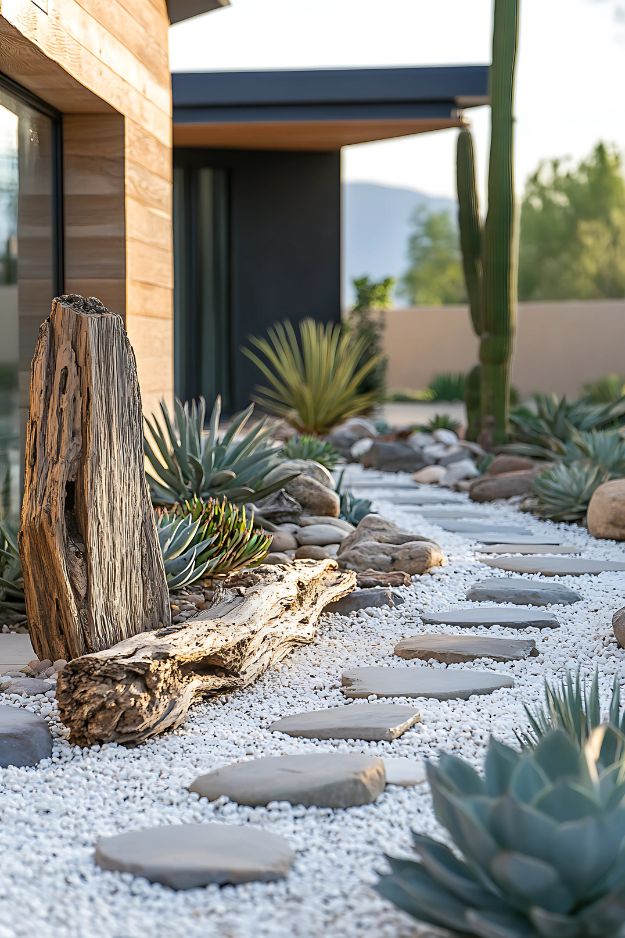 White gravel desert garden with succulents and natural driftwood accents.