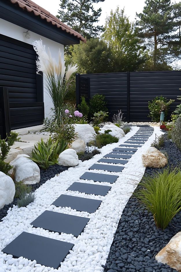Modern garden path with black pavers and white rock border.