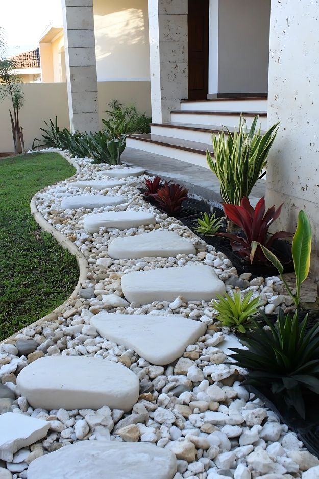 Curved entry path with white stones and tropical plants.