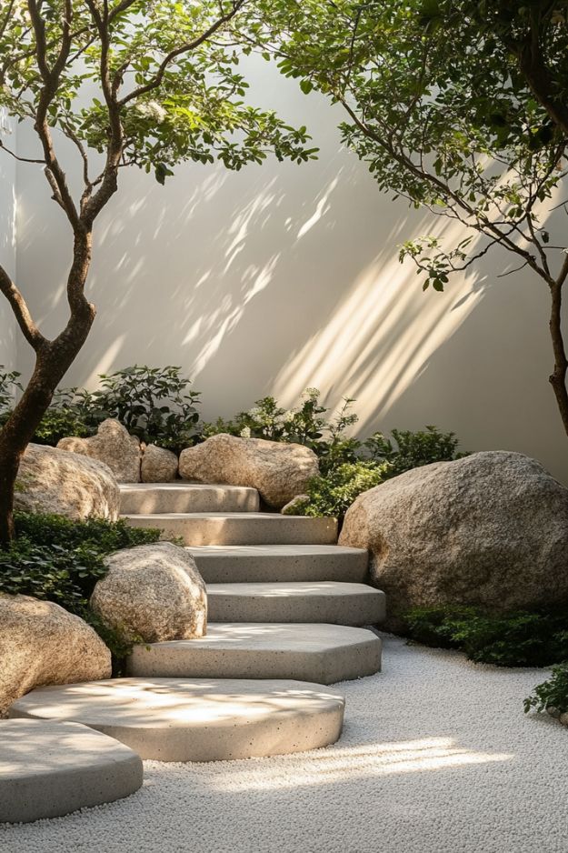 White rock steps surrounded by trees and boulders in a shaded garden.