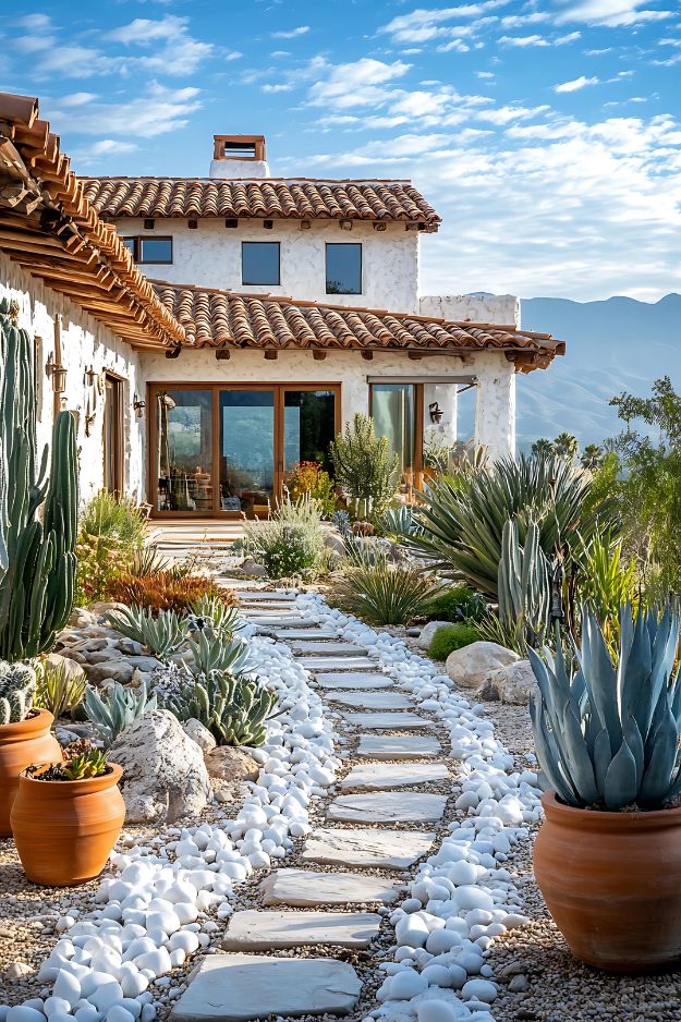 Mediterranean desert garden with succulents and white stone pathway.