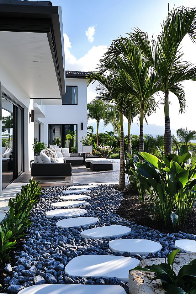 White rock landscaping of tropical garden with white stone walkway and palm trees.