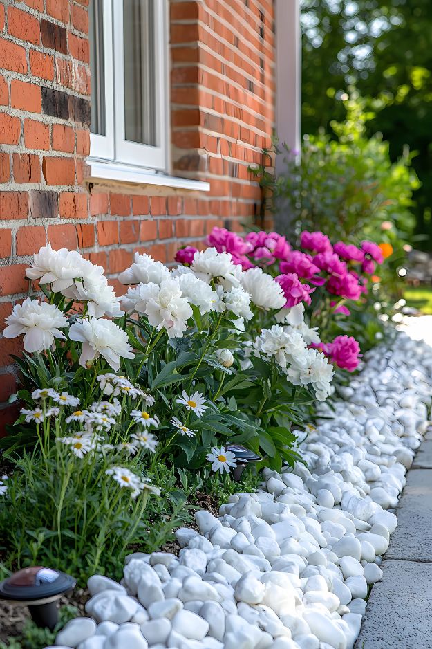 White rock flower bed with peonies and daisies by a brick house.