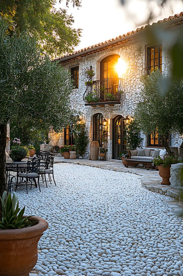 White pebble courtyard with potted plants and Mediterranean-style architecture.