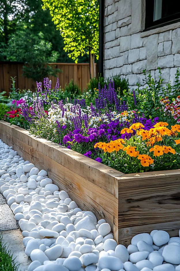 Raised garden bed with colorful flowers and white stone edging.