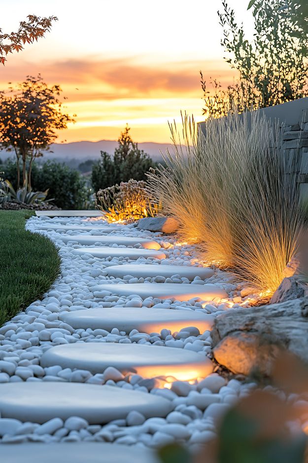Lit pathway with white pavers and surrounding white stones at sunset.
