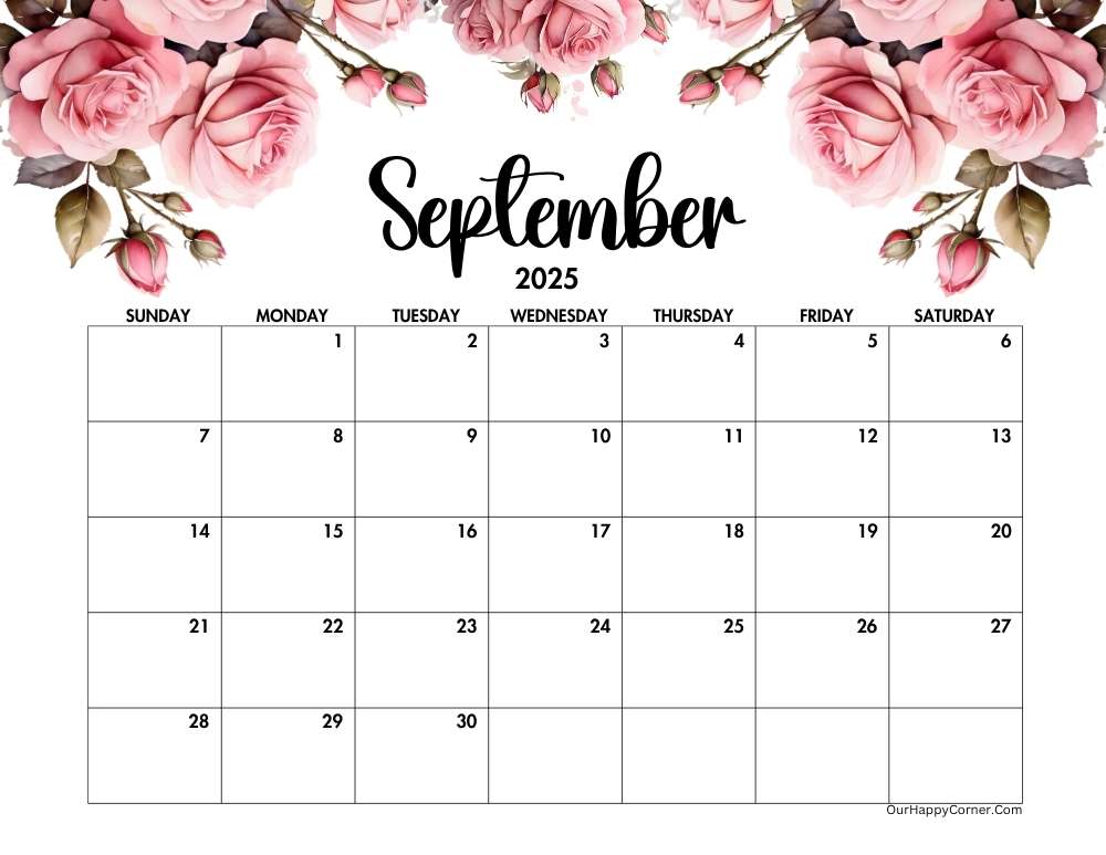 Pink roses horizontal calendar