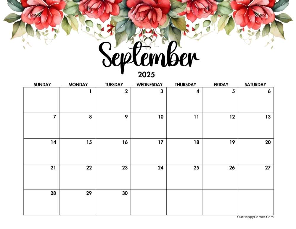 Red floral horizontal calendar