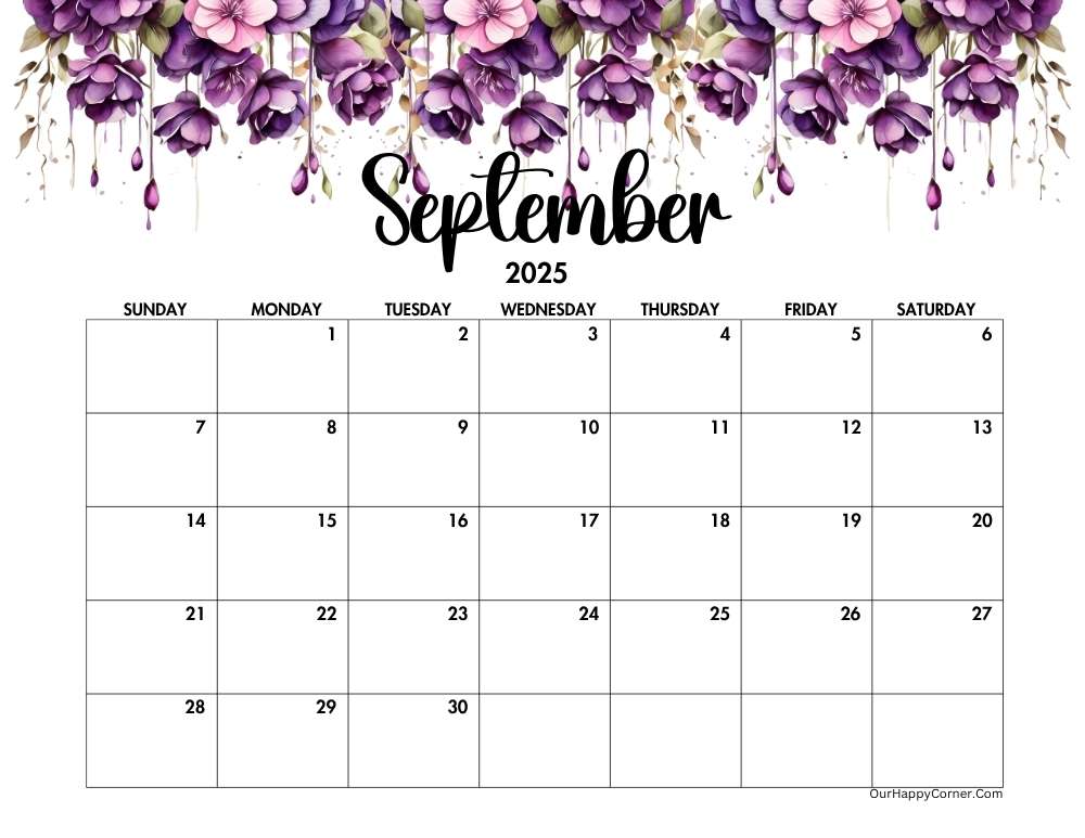 Purple floral watercolor September 2025 calendar