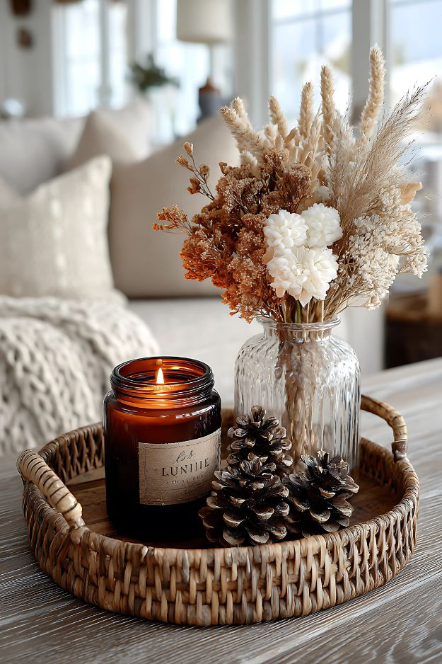 Woven tray with amber candle, dried florals in glass jar, and pinecones on coffee table.