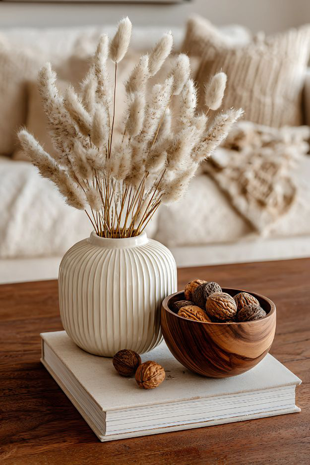 White vase with fluffy stems and wooden bowl of walnuts on stacked neutral book.