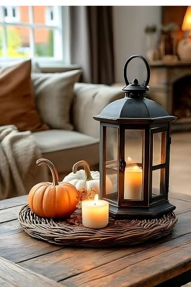 Black lantern with candle and orange and white pumpkins on a wicker placemat.