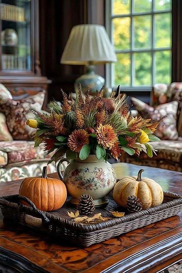 Coffee table tray with floral pitcher, fall bouquet, pinecones, and two pumpkins.