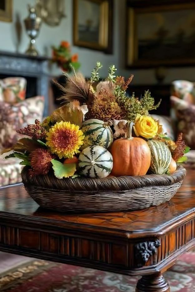 Wicker basket filled with pumpkins, sunflowers, fall leaves, and dried florals.