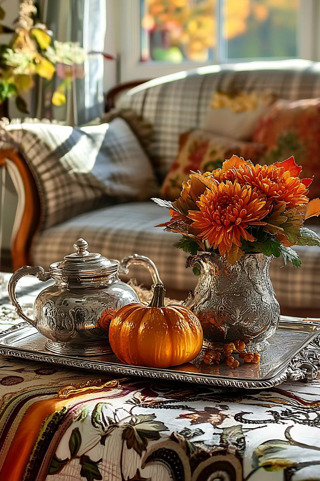 Silver tea set, orange flowers, and glass pumpkin on vintage serving tray.