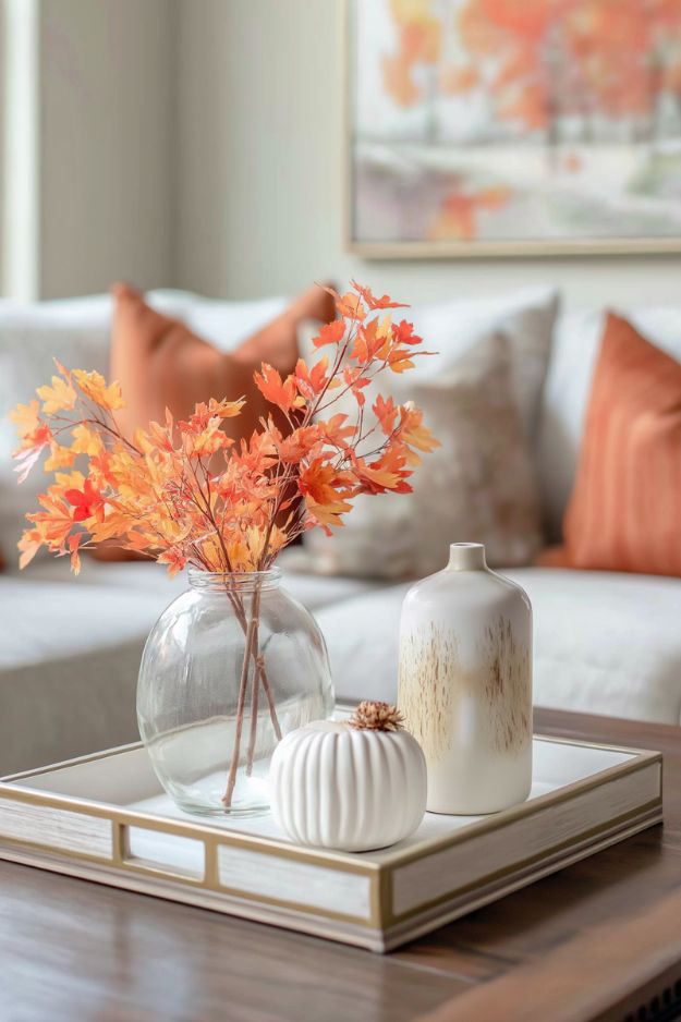 White tray with glass vase of orange leaves, white pumpkin, and ceramic vase.