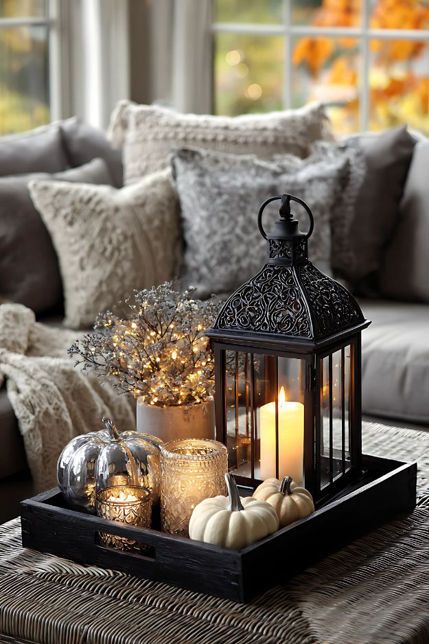 Coffee table with black lantern, white pumpkins, candles, and fall twinkle lights in tray.