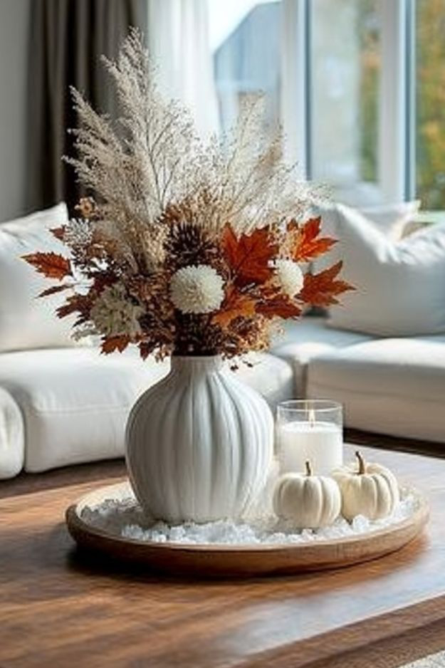Wooden tray with pumpkin vase, dried florals, white pumpkins, and candle on faux snow.