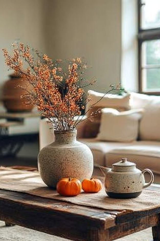 Rustic fall table with ceramic vase of orange berries, two pumpkins, and speckled teapot.