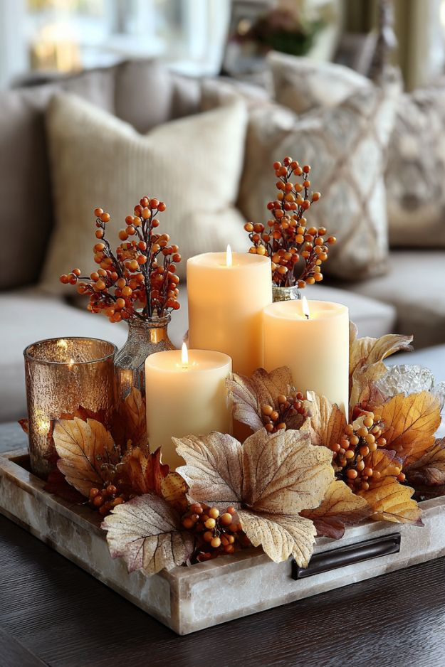 Marble tray with glowing candles, fall leaves, and orange berries on coffee table.