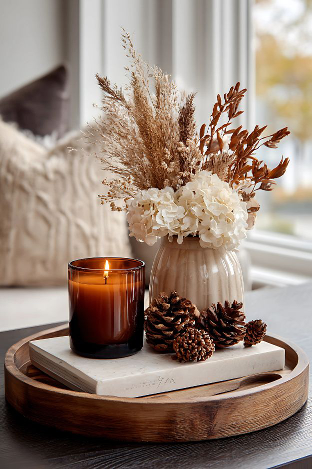 Round wooden tray with dried florals, amber candle, and pinecones on stacked books.