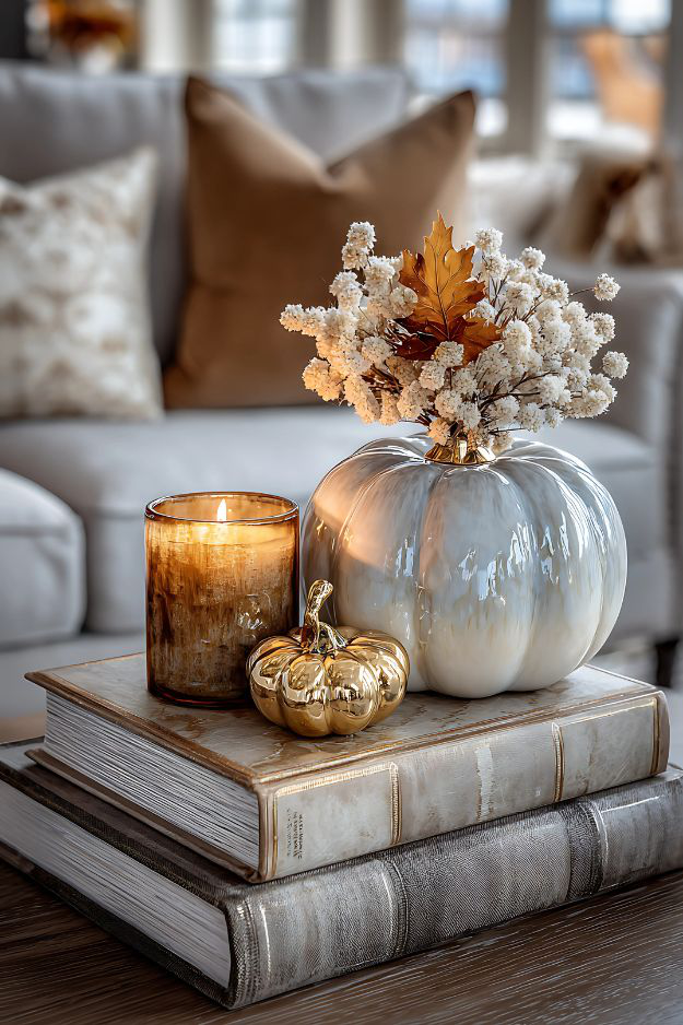 Stacked books with ceramic pumpkin, gold mini pumpkin, and amber candle on coffee table.