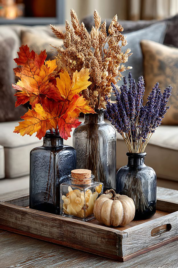 Dark glass vases with fall leaves, lavender, wheat, pumpkin, and wax melts on wood tray.