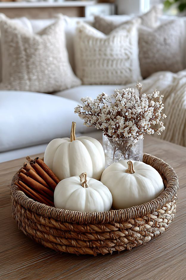 Woven tray with white pumpkins, cinnamon sticks, and small white floral vase on coffee table.
