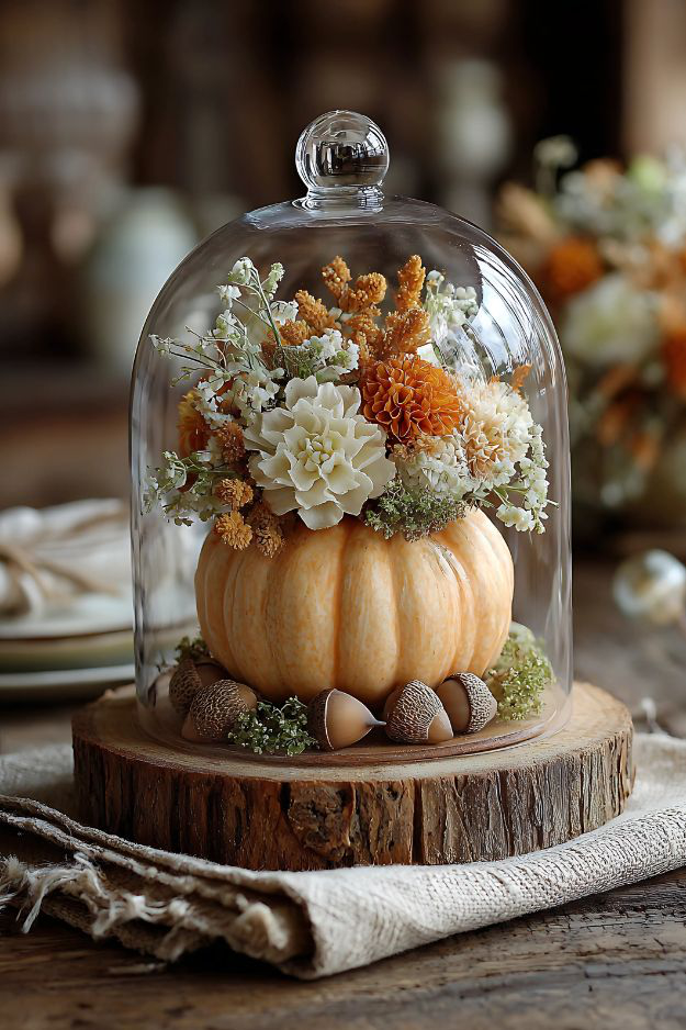 Pumpkin and dried flowers displayed under a glass cloche on rustic wood slice.