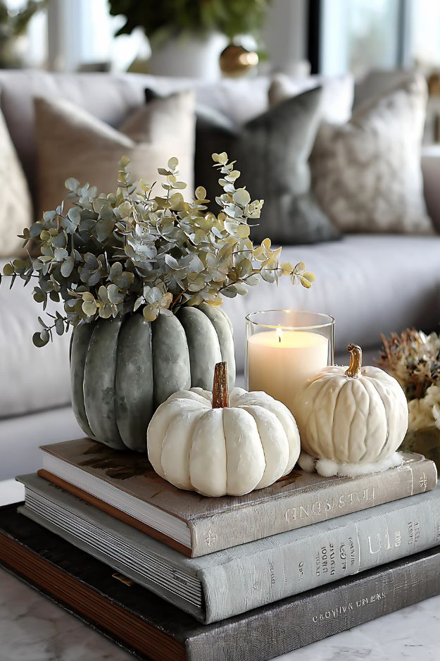 Coffee table books with green pumpkin vase, white pumpkins, candle, and eucalyptus.