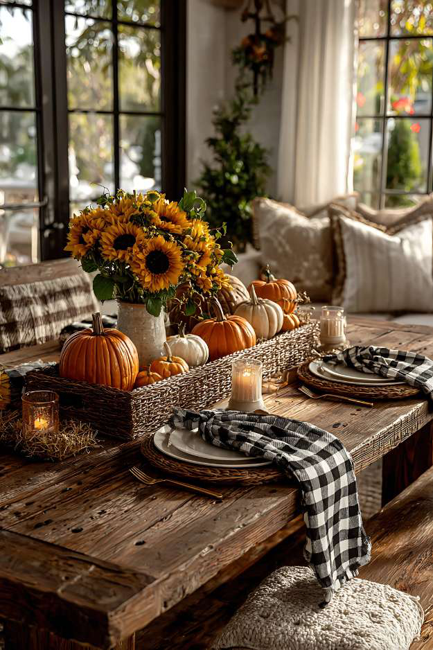 Rustic fall centerpiece with sunflowers and pumpkins on a wooden farmhouse table