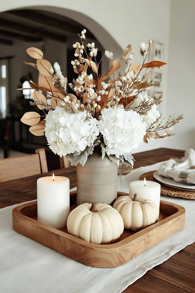 Neutral fall centerpiece with white hydrangeas, beige leaves, and white pumpkins on a wood tray
