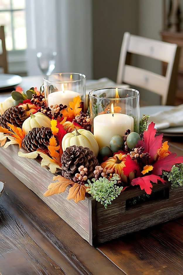 Rustic fall centerpiece with colorful leaves, pinecones, and candles in a wooden crate