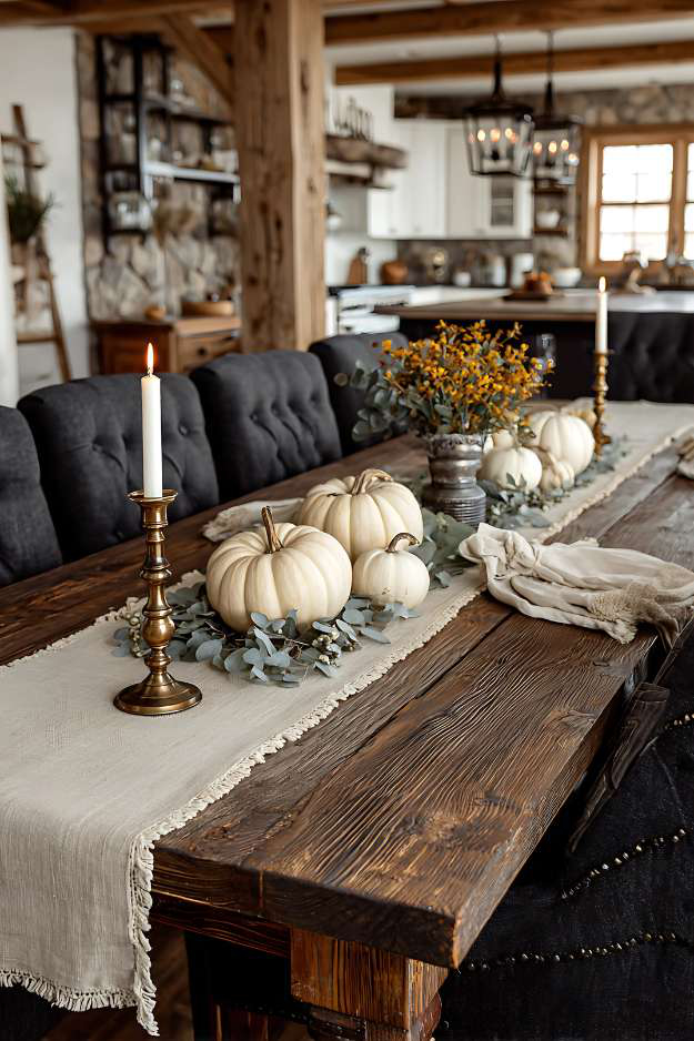Long fall table centerpiece with white pumpkins, eucalyptus, and candles on a dark wood table