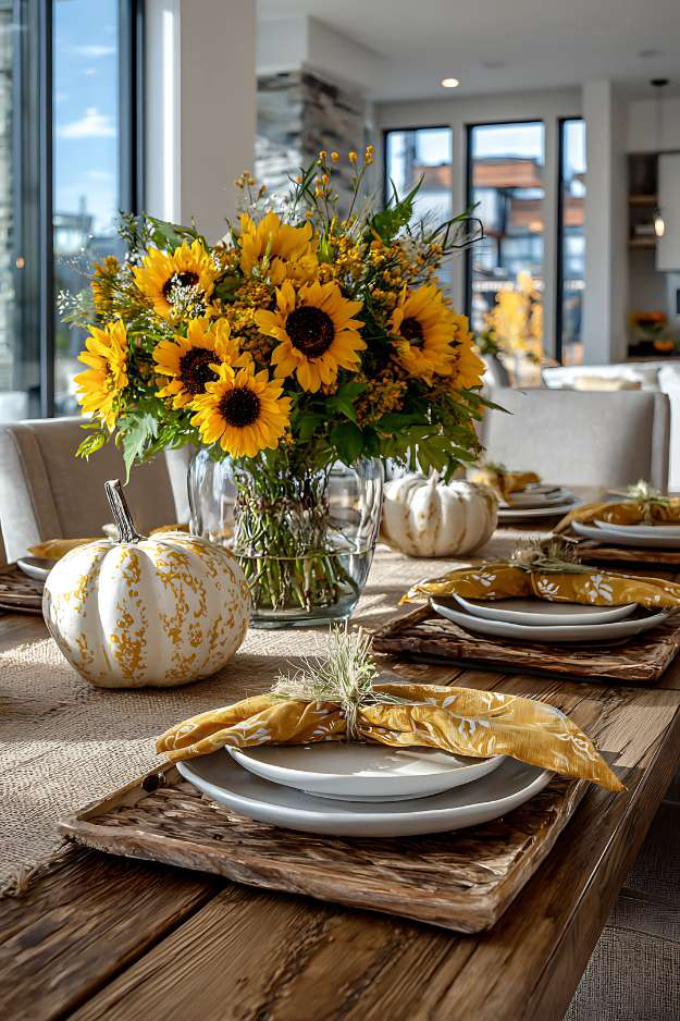 Bright fall table with sunflowers, golden pumpkins, and mustard napkins