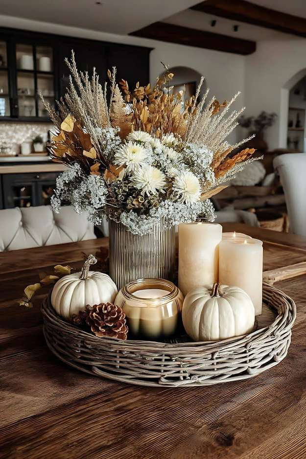 Neutral fall centerpiece with dried flowers, candles, and white pumpkins in a wicker tray