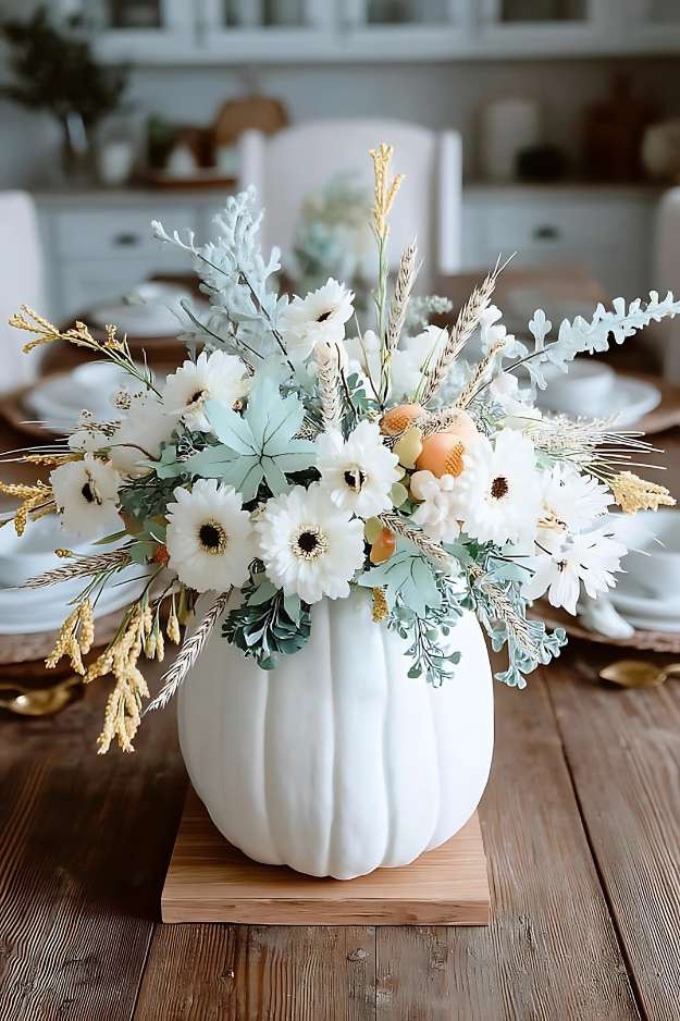 White pumpkin vase with soft floral arrangement on wooden dining table