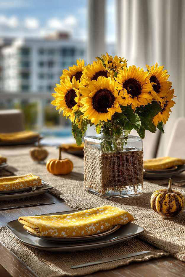 Bright fall table setting with sunflowers, burlap, and mini pumpkins