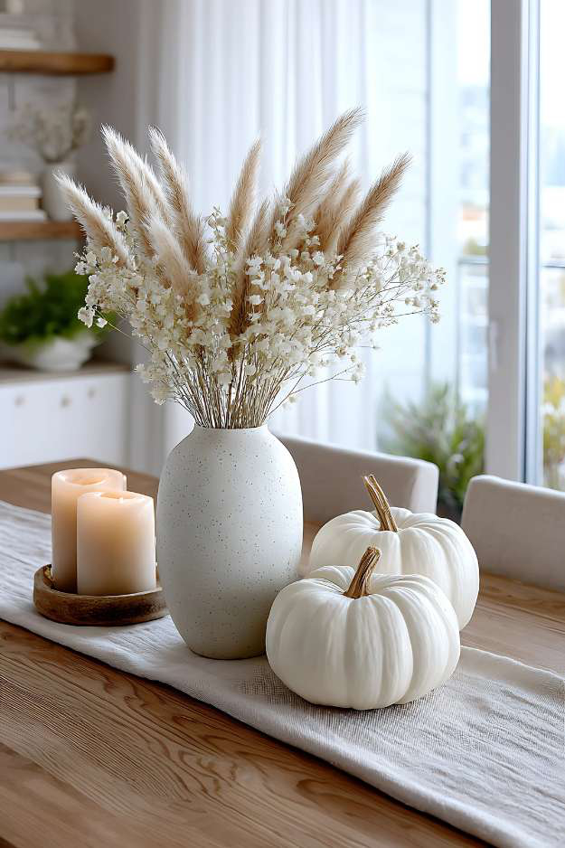 Neutral fall centerpiece with white pumpkins, pampas grass, and candles