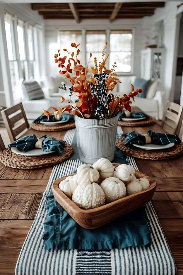 Fall tablescape with navy napkins, orange foliage, and white pumpkins in a wooden bowl